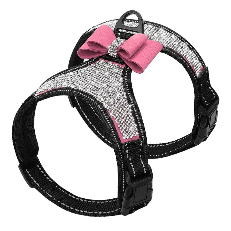Rhinestone Decor Pet Harness with Bow, Adjustable Breathable Dog Vest Harness, Soft and Lightweight Cat Chest Sling, Pet Supp...