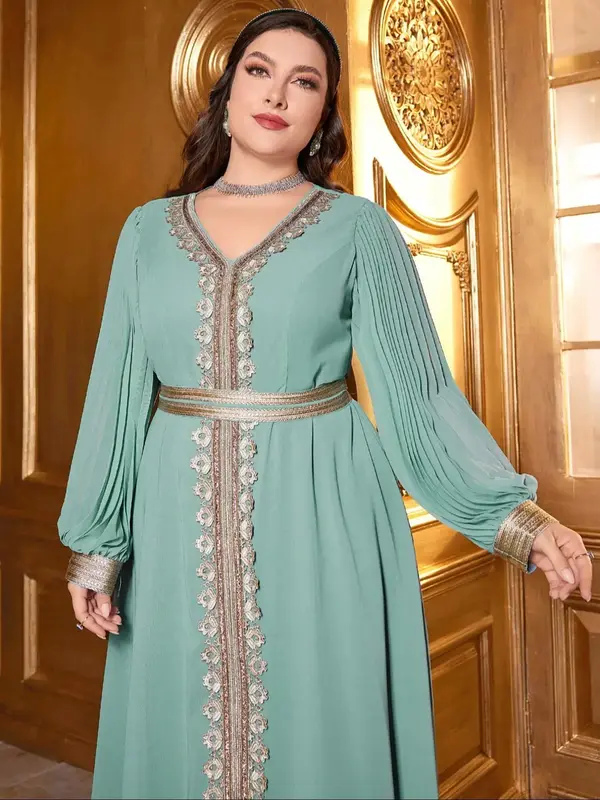 【Plus Size】 Embroidery Belted V Neck Dress, Elegant Long Sleeve Arabian Dress for Women, Women's Islamic Clothing for Dai...