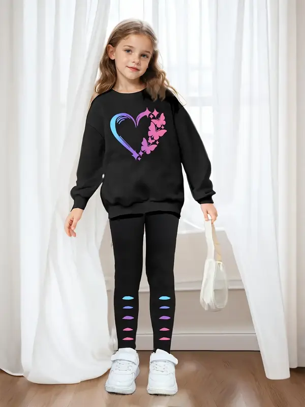 Two-piece Set Girl's Cartoon  Print Sweatshirt & Leggings Set, Casual Round Neck Long Sleeve Pullover & Skinny Pants for Spri...