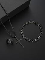 Men's Punk Style Matching Jewelry Set, Cross & Chain Design Pendant Necklace & Bracelet & Ring Back To School, Jewelry Men Ac...