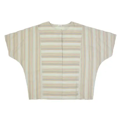 Collarless Shirt Beige Striped Short Sleeve Womens L