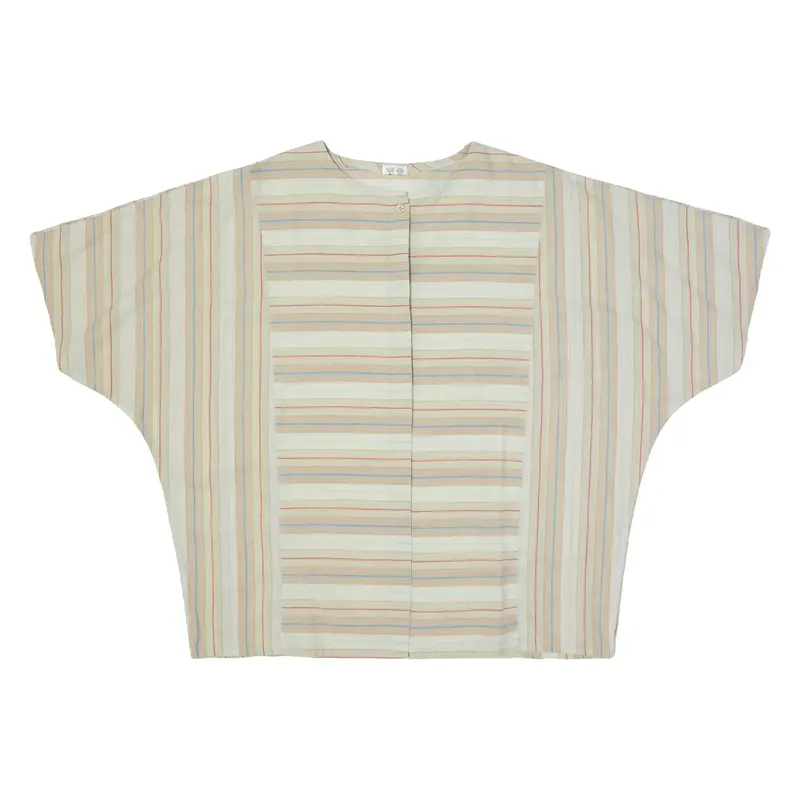 Collarless Shirt Beige Striped Short Sleeve Womens L