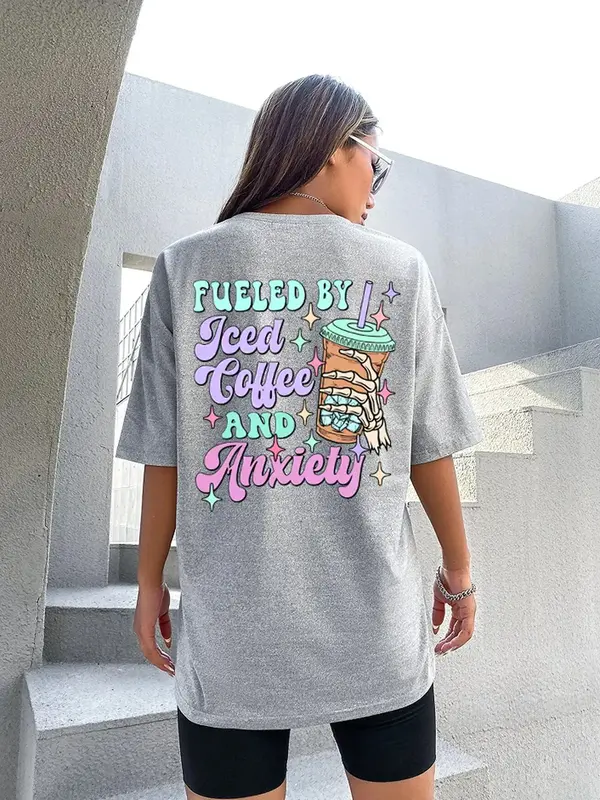 Women's Cartoon Beverage & Letter Print Round Neck Tee, Casual Drop Shoulder Half Sleeve T-shirt for Summer, Graphic Tees, L...