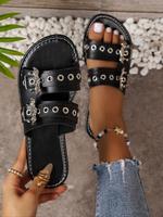 Women's Punk Style Bat Design Studded Decor Flat Sandals, Fashionable PU Leather Sandals for Daily Wear, Casual Versatile Sho...