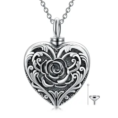 Sterling Silver Rose Urn Necklace for Ashes with Engraved Word