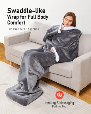 Full Body Wearable Blanket with Heating & Massaging Foot Pad, 6 Heat & 4 Vibrating Settings,Warmth, Soft, Comfy