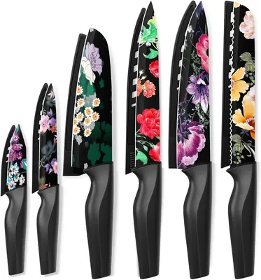 Astercook 12-Piece Flower Kitchen Knife Set with Blade Guards, Dishwasher Safe, German High Carbon Stainless Steel Block, Spr...