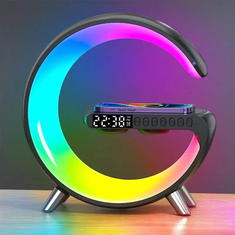 N69 Wireless Speaker Desk Light with Charger, Smart Alarm Clock Wake-up Lamp, BT Audio Speaker with 15W Fast Charger for S...