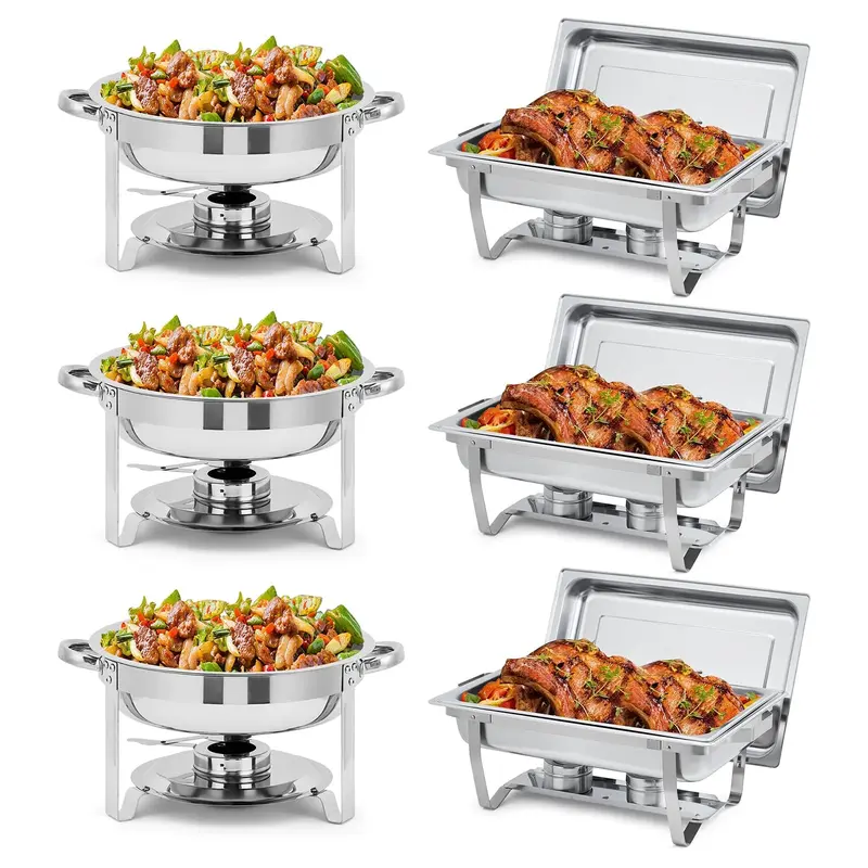 Garvee Stainless Steel Chafing Dish Buffet Set - 8 Qt Rectangular & 5 Qt Round Warmers with Pans & Fuel Holders - Commercial ...