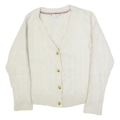 TOMMY HILFIGER Womens Cardigan Beige V-Neck Cable Knit Wool M