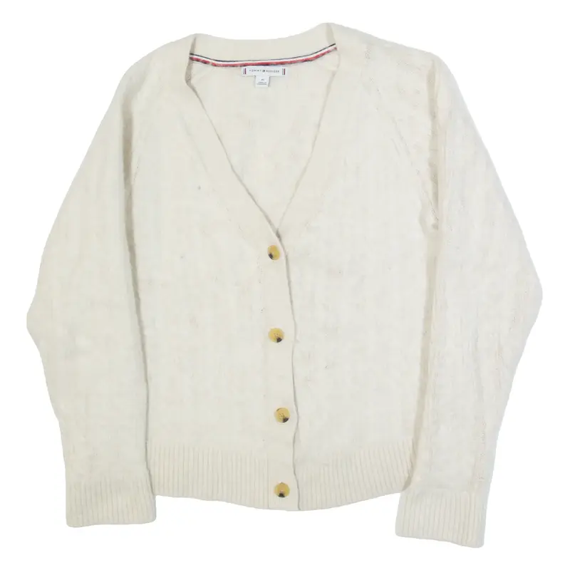 TOMMY HILFIGER Womens Cardigan Beige V-Neck Cable Knit Wool M
