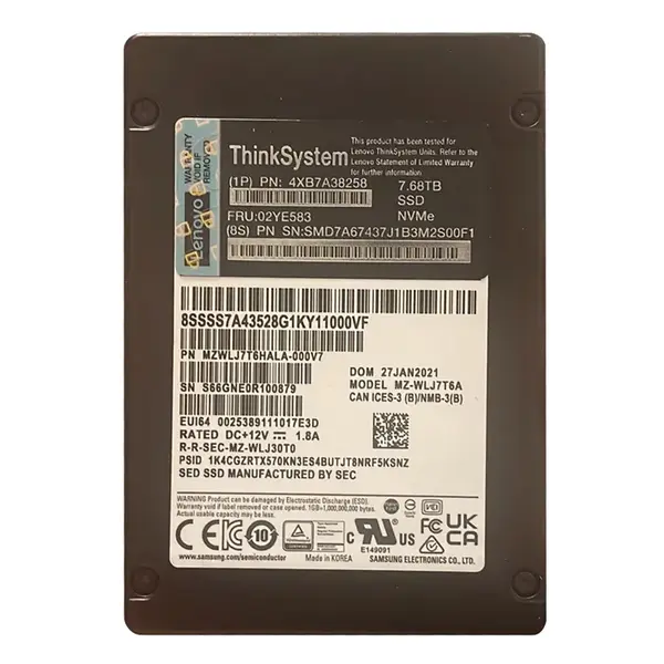 4XB7A38258 Lenovo 7.68TB PCI Express 4.0 x4 NVMe Hot Swappable U.2 2.5-Inch Solid State Drive