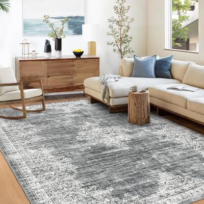 Garvee Washable Area Rug 9'x12' Vintage Grey Non-Slip Soft Faux Wool Stain Resistant Non-Shedding for Living Room Bedroom Off...