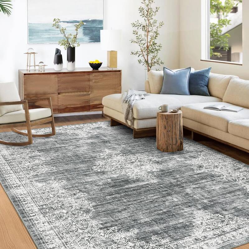 Garvee Washable Area Rug 9'x12' Vintage Grey Non-Slip Soft Faux Wool Stain Resistant Non-Shedding for Living Room Bedroom Off...