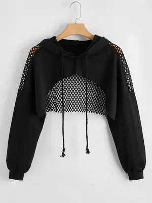 Plus Size Hollow Out Drawstring Raglan Sleeve Super Crop Hoodie, Casual High Low Long Sleeve Hooded Sweatshirt for Spring & ...