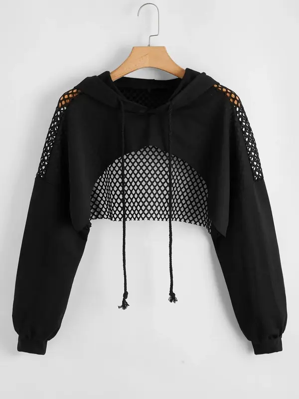 Plus Size Hollow Out Drawstring Raglan Sleeve Super Crop Hoodie, Casual High Low Long Sleeve Hooded Sweatshirt for Spring & ...