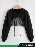 【Faith Devine Collection】 【Plus Size】 Hollow Out Drawstring Raglan Sleeve Super Crop Hoodie, Loose Fit Casual High Lo...