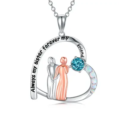 Sterling Silver Two-tone Cubic Zirconia & Opal Sisters Heart Pendant Necklace with Engraved Word