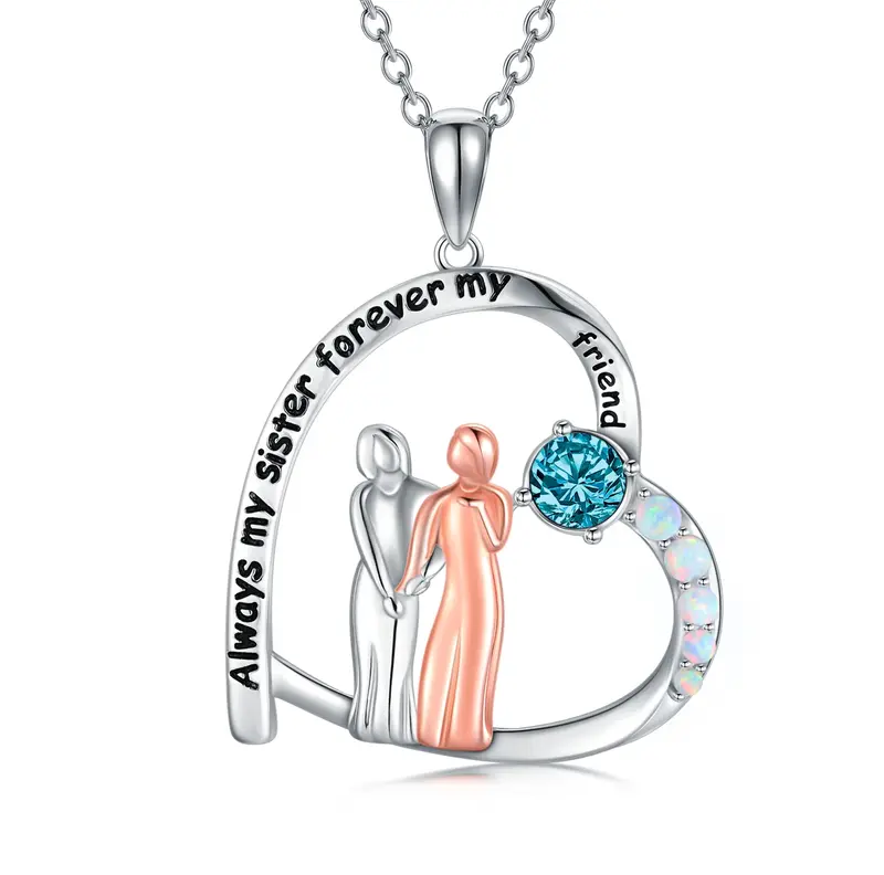 Sterling Silver Two-tone Cubic Zirconia & Opal Sisters Heart Pendant Necklace with Engraved Word