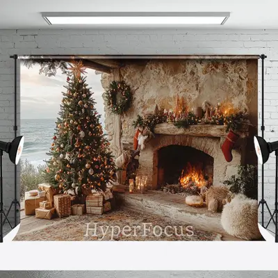 Seaside Retro Cabin Fireplace Tree Christmas Backdrop - Aperturee