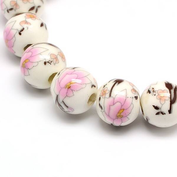 Handmade Flower Printed Porcelain Ceramic Beads Strands