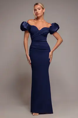Goddiva Puffy Satin  Sleeve Scuba Maxi Dress - Navy Blue