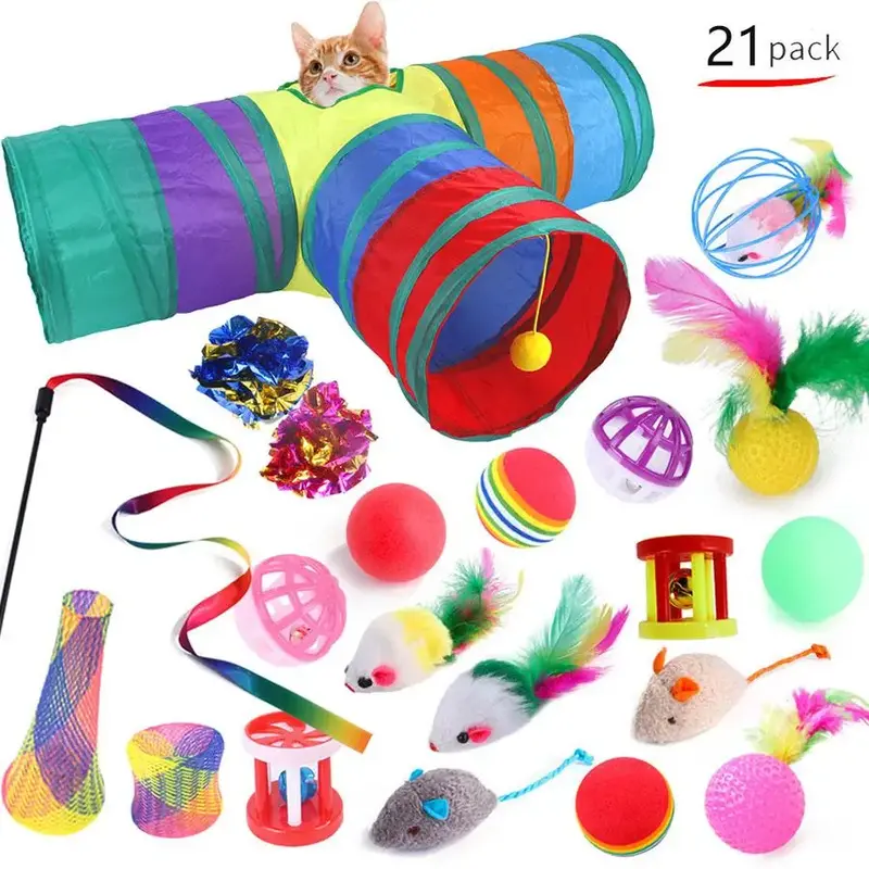 Interactive Feather Cat Toy Set, 1 Set Foldable 3-way Tunnel Cat Toy, Indoor Cat Toy, Pet Supplies for Indoor Cats, Cat Acces...