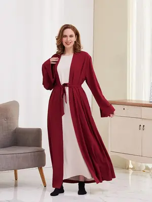 Women's Solid Long Sleeve Belted Abaya without Inner Dress, Casual Open Front Arabic Robe, Women's Islamic Muslim Clothing fo...