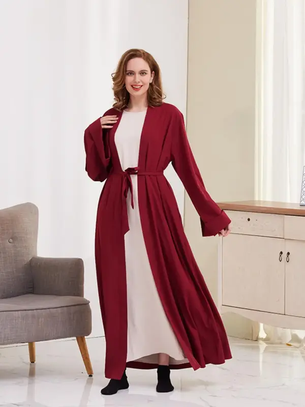 Women's Solid Long Sleeve Belted Abaya without Inner Dress, Casual Open Front Arabic Robe, Women's Islamic Muslim Clothing fo...