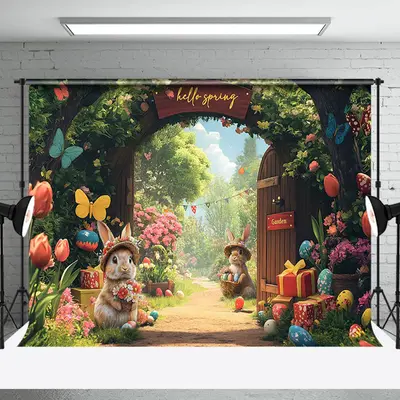 Aperturee Cute Bunny Spring Floral Garden Gate Easter Backdrop, 3X2FT(1MX0.6M), 14 USD, AHF335A-M, easter backdrops