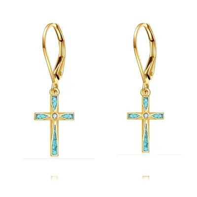 14K Gold Turquoise Cross Drop Earrings