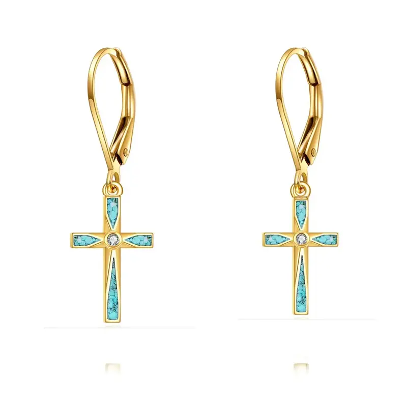 14K Gold Turquoise Cross Drop Earrings
