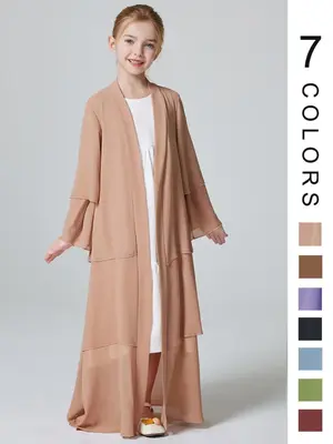 Girl's Solid Tiered Layer Long Sleeve Chiffon Abaya without Inner Dress, Summer Outfits 2024, Modest Outfits, Casual Open Fr...
