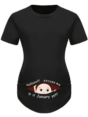 Maternity Cartoon Character & Letter Print Ruched Tee, Casual Short Sleeve Round Neck T-shirt for Daily Wear, Maternity Top f...