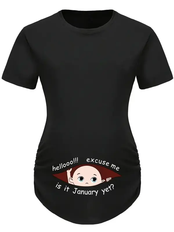 Maternity Cartoon Character & Letter Print Ruched Tee, Casual Short Sleeve Round Neck T-shirt for Daily Wear, Maternity Top f...