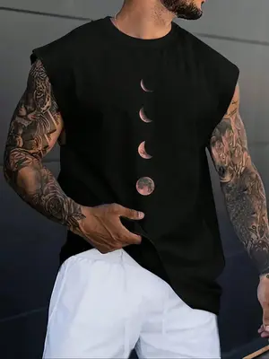 Men's Moon Print Wide Shoulder Vest, Regular Fit Casual Sleeveless Graphic Tank Top for Summer, Men's Top for Daily Wear, Men...