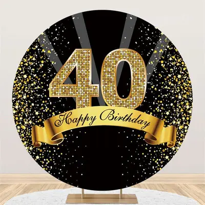Aperturee Happy 40Th Birthday Black And Gold Glitter Round Backdrops | Circle Backdrop Birthday | Circular Birthday Backdrop ...