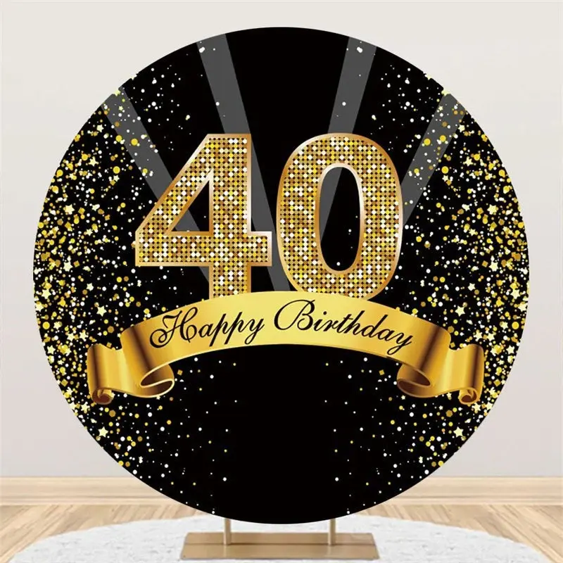 Aperturee Happy 40Th Birthday Black And Gold Glitter Round Backdrops | Circle Backdrop Birthday | Circular Birthday Backdrop ...