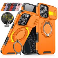 Case For iPhone 16 15 Pro Max Plus 14 13 12 with Slide Camera Cover,360 Rotating Ring Kickstand MagSafe Magnetic Holder Milit...