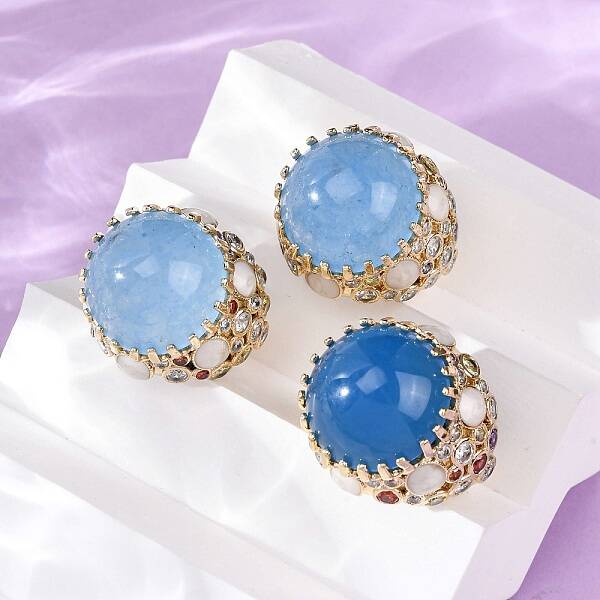 Half Round Natural Dyed Jade Cubic Zirconia Cuff Rings