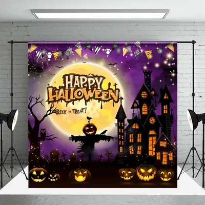 Aperturee Mystical Halloween Moon Scarecrow Castle Backdrop - Aperturee