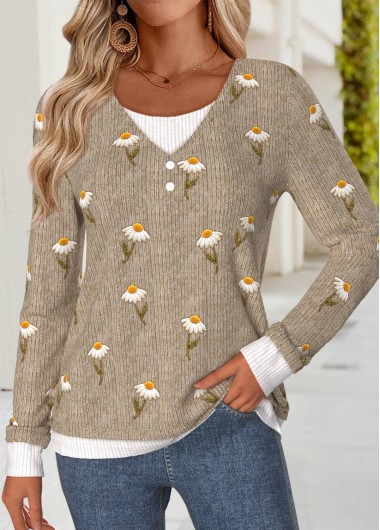 Modlily Dark Coffee Tummy Coverage Daisy Print T Shirt - M