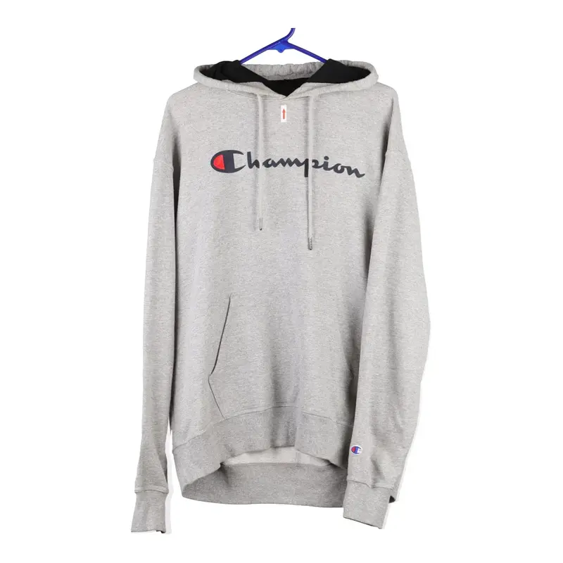 Champion Spellout Hoodie - Large Grey Cotton Blend
