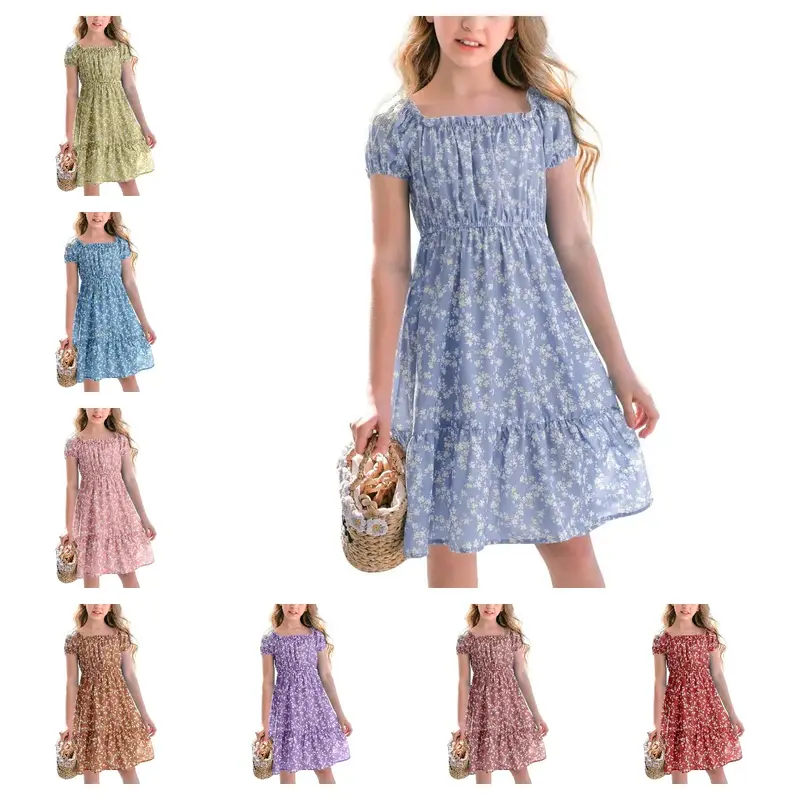 【5-14 Years】Haloumoning Girls Summer Dress Kids Floral Square Neck Puff Sleeve A-Line Midi Dresses