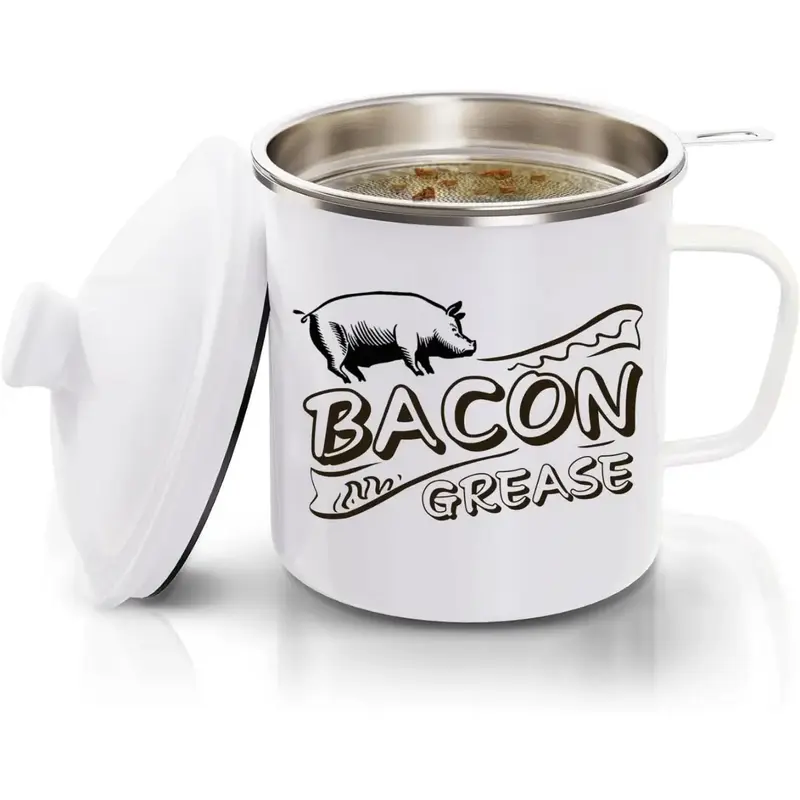 1.3L(46 oz.) LARGE Bacon Grease Saver with Fine Mesh Strainer & Handle - Enamel Oil Keeper Container, Bacon Fat Dripping Can ...