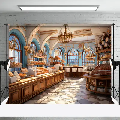 Royal Brown Blue Dessert Retro Bakery Photo Backdrop - Aperturee