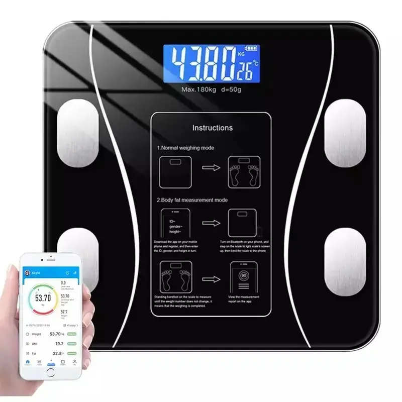 Smart Wireless Digital Bathroom Scale with LCD Display - 4 Sensing Technology, App Sync & Unit Conversion (kg/lbs/t), Battery...