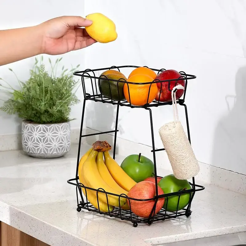 Fruit Countertop Basket, 1 Count 2 Tiers Fruit Basket Bowl with Banana Hanger, Metal Fruit Vegetable Basket for Kitchen
