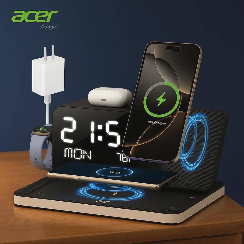 Acer 7-in-1 Wireless Charging Station with 30W Adapter for iPhone 17/16/15/14/13/12 Pro Max, Apple Watch, AirPods, Bluet