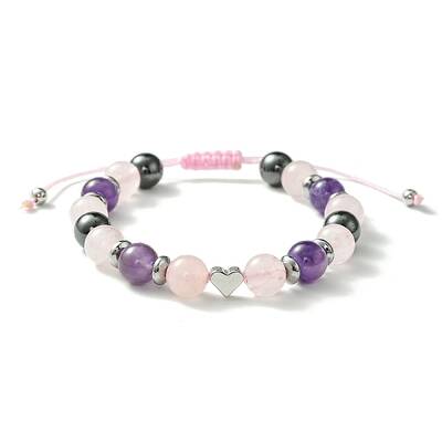 Natural Rose Quartz & Amethyst & Brass Heart Braided Bead Bracelet